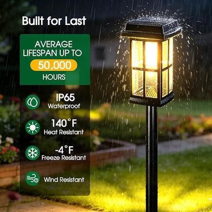 Garpar Solar Pathway Lights Outdoor 8 Pack, Window-Style with Metal Pole | 3500K Warm White, 2 Lighting Modes, Up to 18hrs Runtime, IP65 Waterproof, Ideal for Yard, Walkway, Driveway, Patio