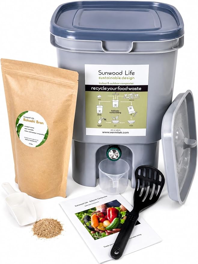 Bokashi Composting Kit, 5-Gallon Indoor Kitchen Composter - Gray, with 2.2 lb Premium Bokashi Bran, Odor-Reducing Food Waste Recycling System, US Patented