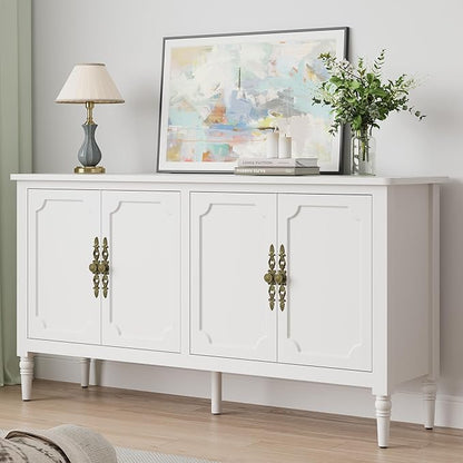RoyalCraft Buffet Cabinet with Storage, 59" Vintage Sideboard with Adjustable Shelves, Mid Century Modern Painted Credenza Coffee Bar for Kitchen, Dining Room, Entryway, Living Room, Satin White