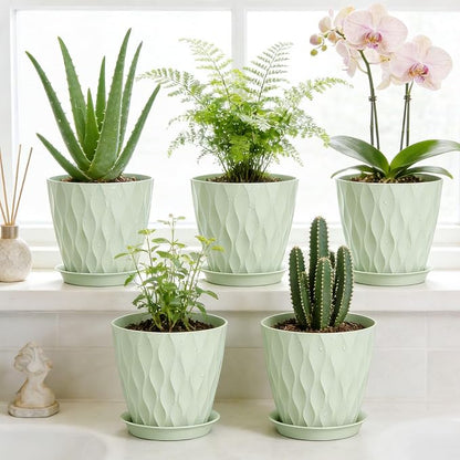 8 Inch Plastic Plant Pots,Set of 5 Flower Pots,Planters with Drainage Holes & Saucers, Indoor Outdoor Garden Pots for Home Decor(Green)