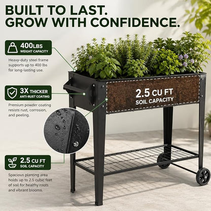LEETOLLA Elevate 32" Tall Raised Garden Bed Outdoor with Wheels & Shelf for Mobility, 400LBS Capacity, Anti-Rust Steel Planter Box for Vegetables/Herbs, Patio-Balcony-Backyard