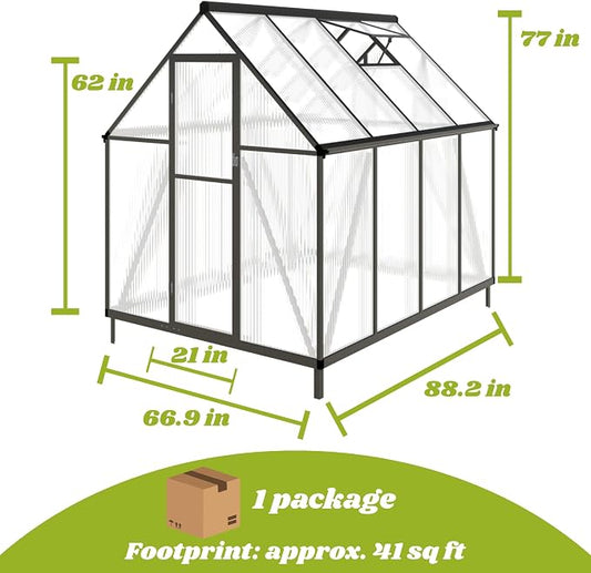 6x8FT Greenhouse, Plant Gardening Green Houses for Outside Heavy Duty with Aluminum Frame,Walk-in Outdoor Greenhouse, Polycarbonate Greenhouse, Quick Setup,Vented Roof Window, Charcoal Gray