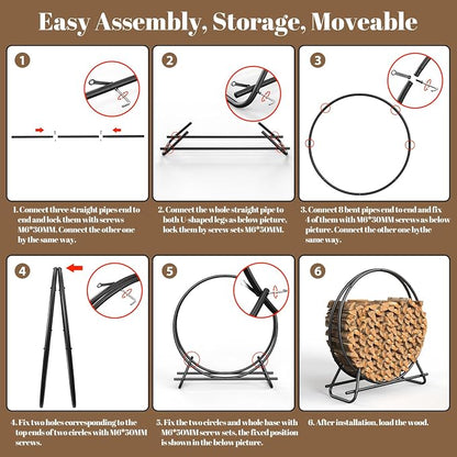 40 IN Firewood Circle Rack-Metal Pipe Ring Firewood Holder Outdoor / Indoor | Sturdy & Durable,Aesthetic Appearance and Space-Saving Design for Fireplace,Campfire or Backyard Storage,3.3FT Diameter
