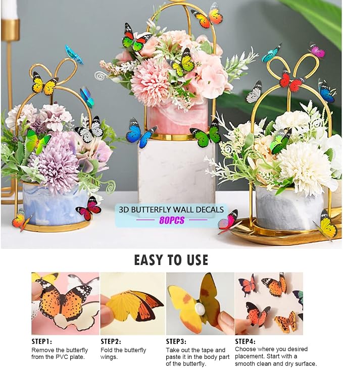 Butterfly Wall Stickers - 80 Pcs 3D Butterflies Decor Mural Wall Decals for Home Room Bedroom Decorations, Removable Reusable Decor