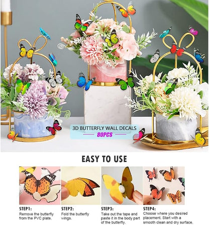 Butterfly Wall Stickers - 80 Pcs 3D Butterflies Decor Mural Wall Decals for Home Room Bedroom Decorations, Removable Reusable Decor