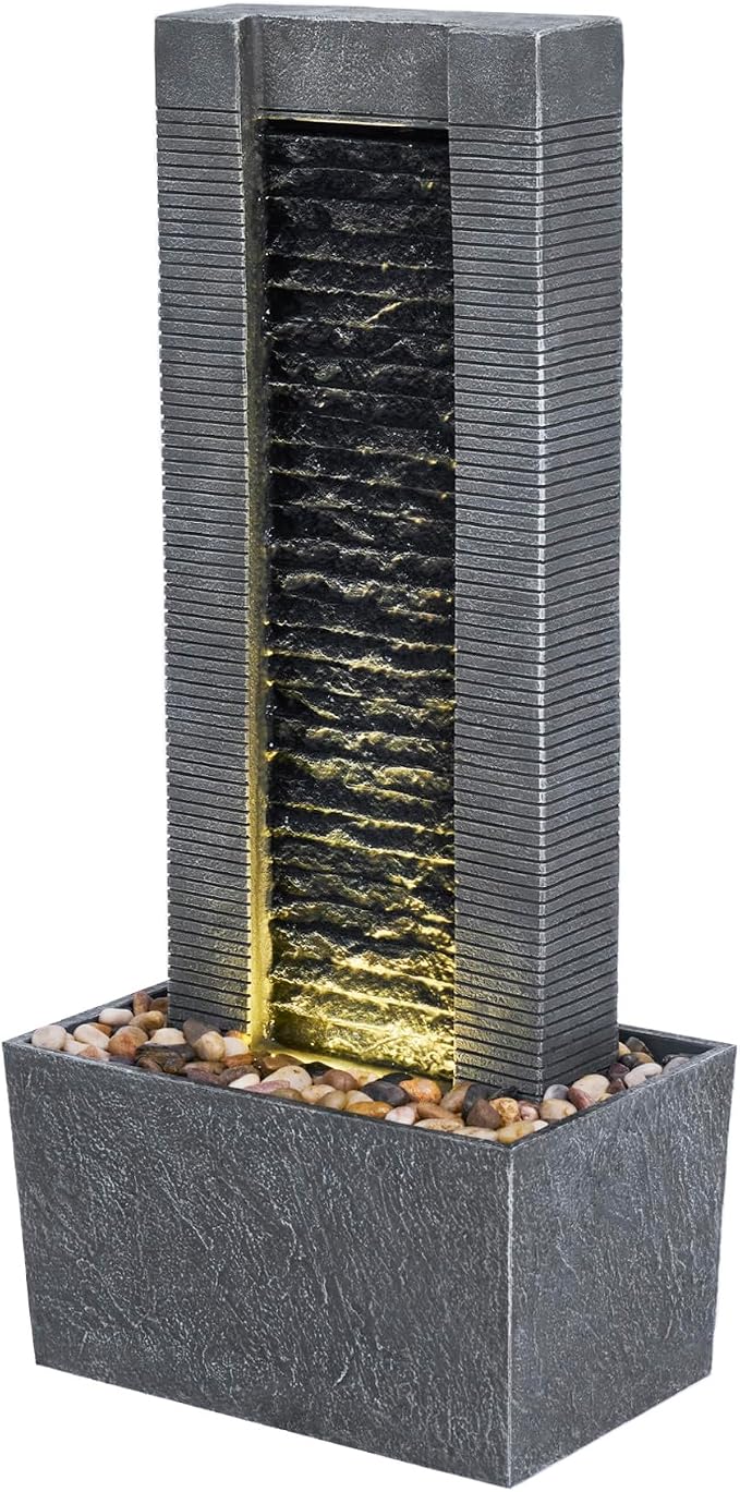 Teamson Home 29.25" Demeter Indoor/Outdoor Modern Waterfall Fountain with LED Lights, Black and Stone Gray | LED Lights, Waterfall Fountain, Garden, Patio, and Backyard Decor, Black and Stone Gray