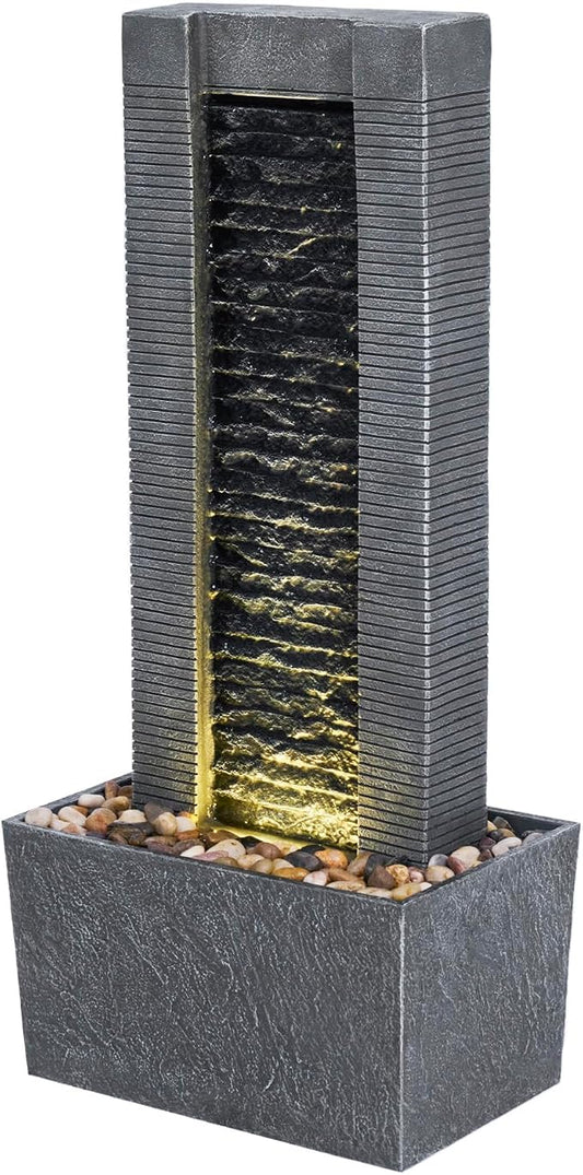 Teamson Home 29.25" Demeter Indoor/Outdoor Modern Waterfall Fountain with LED Lights, Black and Stone Gray | LED Lights, Waterfall Fountain, Garden, Patio, and Backyard Decor, Black and Stone Gray