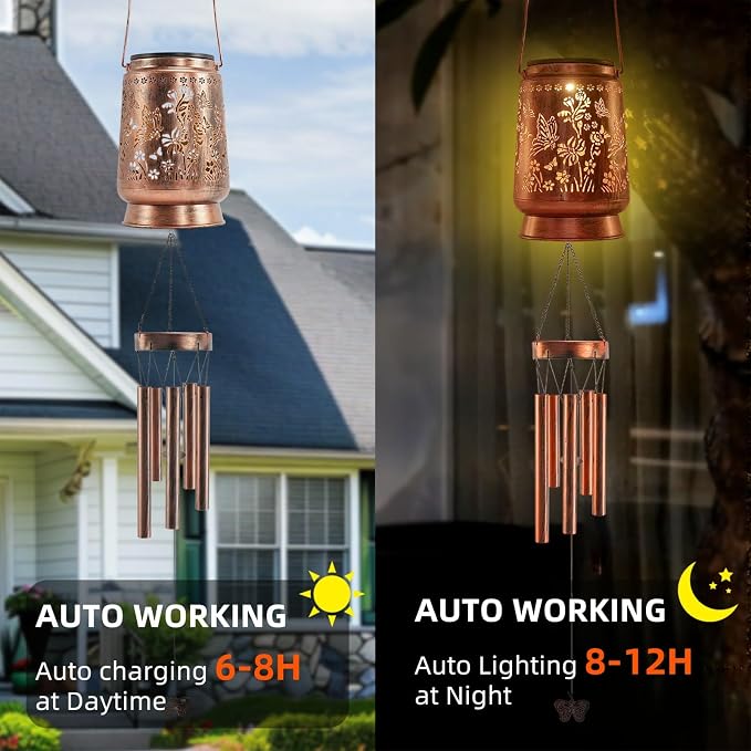 Solar Wind Chimes for Outside 41”, Butterfly Memorial Wind Chimes with Solar Lantern, Metal Hanging Garden Decor, Sympathy Gifts for Mom Grandma Women, Patio Porch Yard