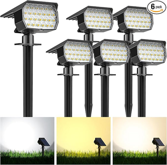 Solar Spot Lights Outdoor 6 Pack, [52 LED/ 6 Lighting Modes] Solar Lights Outdoor Waterproof IP65 Dusk to Dawn Solar Powered Landscape Spotlights for Outside Yard Garden Pathway Lawn