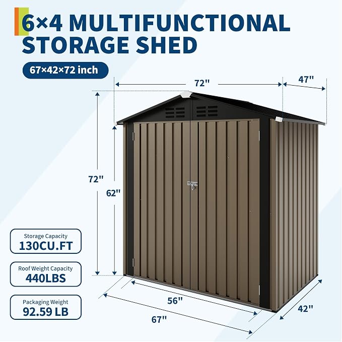 6X4 FT Outdoor Storage Shed, Galvanized Steel Outdoor Storage Shed, 130 Cu Ft Weather Resistant Garden Tool Sheds with Door & Sloped Roof, Multi-Use Shed for Bikes