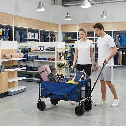 DUMOS Collapsible Wagon Cart, Heavy Duty Foldable Utility Wagon with Lockable Brake Wheels – 330 lbs Capacity, Flexible Handle for Beach, Garden, Sports, Grocery & Camping, Blue