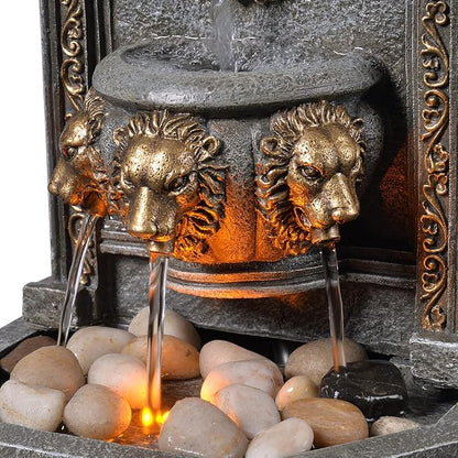 GOSSI 10.3 Inch Lion Head Tabletop Water Fountain, Classic Resin Indoor Zen Waterfall Fountain with Cobblestone, Soothing Water Sounds for Office and Home Decor (20135)