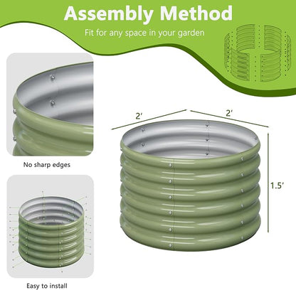2PCS 2x2x1.5FT Galvanized Raised Garden Bed Kit,Vegetable Boxes-Round Metal Flower Box,Large Planter Raised Beds Outdoor Garden for Planting,Fruit,Herb-Green 0.8mm