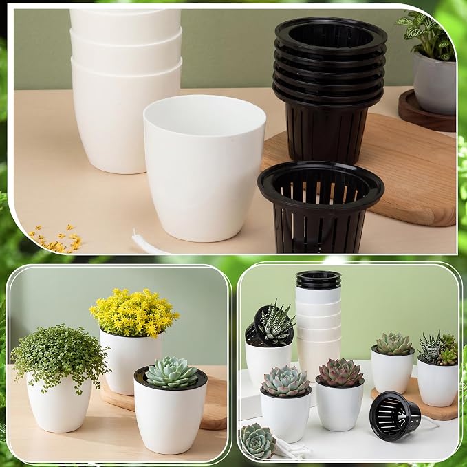 36 Pcs Self Watering Pots, 3.5 Inch Plastic Flower Plant Pot with Inner Pot Self Watering Wick Planter White Flower Pots for Indoor House Plants Herbs, Flowers, Succulents (White Black)