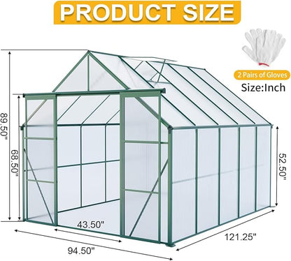 8x10 FT Greenhouse, Walk-in Polycarbonate Greenhouses with Double Sliding Doors, Aluminum Frame, Adjustable Roof Vent, Raised Base & Anchor, Outdoor Backyard Greenhouse for All Seasons, Green