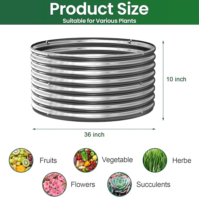 4 Pack 3x3FT Round Corrugated Galvanized Steel Raised Garden Bed Outdoor, Metal Above Ground Garden Bed for Vegetables and Flowers, Raised Beds for Gardening-3x3FTx10Inch