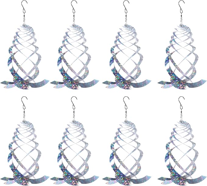 OFFO Bird Reflectors, 9.8 inch Double-Sided Reflective Bird Scare Devices with Stainless Steel Hook, Spiral Reflectors Outdoor Garden Decor for Tree Patio Farm Orchard Porch Pool Window, 8 PCS