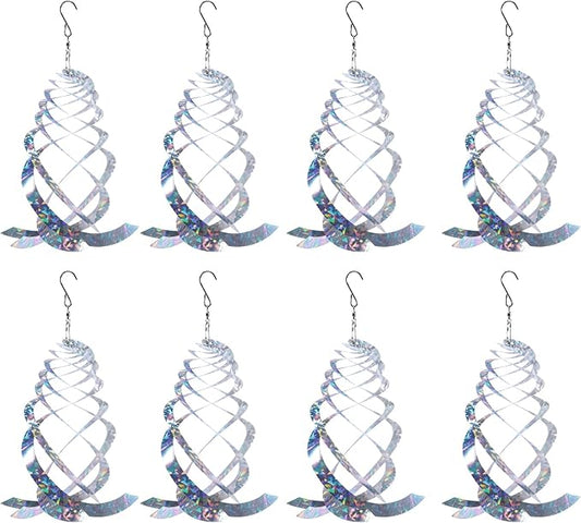 OFFO Bird Reflectors, 9.8 inch Double-Sided Reflective Bird Scare Devices with Stainless Steel Hook, Spiral Reflectors Outdoor Garden Decor for Tree Patio Farm Orchard Porch Pool Window, 8 PCS