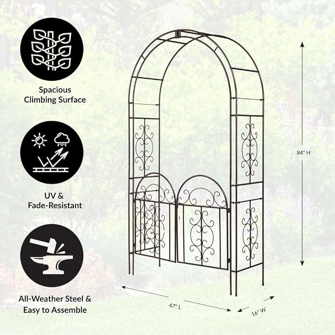 Plow & Hearth Arch Metal Outdoor Garden Arbor, 84 inches Tall, Iron Trellis Lattice for Climbing Plants, Wedding Arch, Outdoor Patio Décor (Montebello-Gunmetal with Gate)