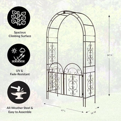 Plow & Hearth Arch Metal Outdoor Garden Arbor, 84 inches Tall, Iron Trellis Lattice for Climbing Plants, Wedding Arch, Outdoor Patio Décor (Montebello-Gunmetal with Gate)