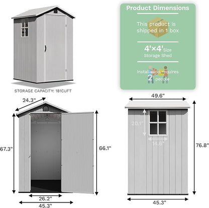 Greesum 4x4FT Plastic Storage Shed with Floor, Resin Outdoor Storaged Sheds with Lockable Door, All Weather Durable Tool Shed with Window and Vent, for Yard, Patio, Garden, Light Gray