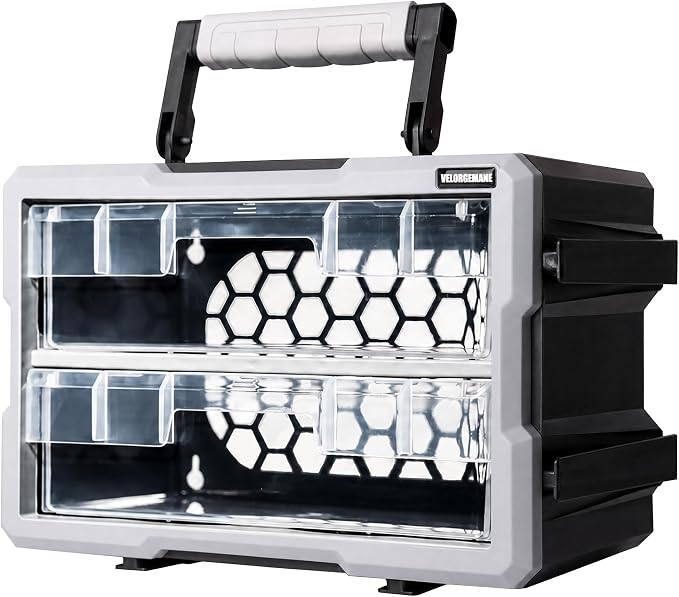 2 Drawer Modular Stackable Storage Organizer with Clear Drawers, Removable Handle, Interlocking System, Wall Mount Compatible Tool Storage Box