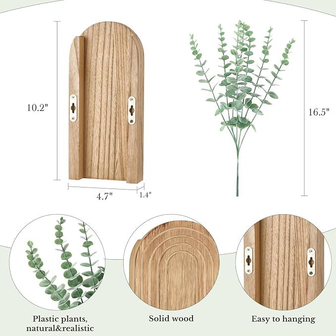 Dahey Wood Wall Planter Vase with Artificial Eucalyptus, 2 Pack Hanging Planter for Indoor Fake Plants Modern Boho Farmhouse Wall Art Decor for Bathroom Bedroom Kitchen Office Home Decoration, Natural