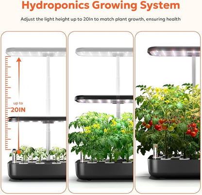 owltron Hydroponics Growing System Kit, 12 Pods Indoor Herb Garden with 24W LED Grow Light Full Spectrum, Planting Height Up to 20", Quiet Water Pump, Indoor Gardening for Gifts, Kitchen, Black