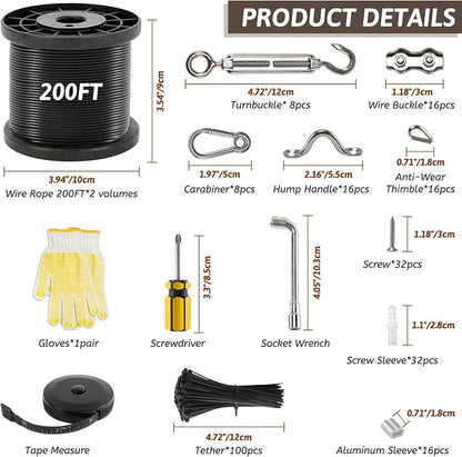 400 Ft String Light Hanging Kit Outdoor, Nylon Coated Stainless Steel 304 Wire Rope, String Light Kit Included Enough Accessories, Guide Wire for Outdoor String Lights, Patio Lights, Camping Lights