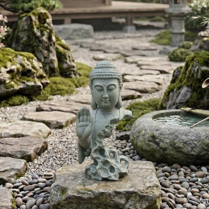 Buddha Head Statue Natural Sandstone Material for Aquarium Decorations Garden Statue Zen Ornament Outdoor Courtyard Decor Meditation Fish Tank Indoor Feng Shui Gift (7.9''H-Fearless Buddha)