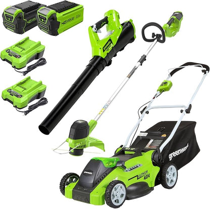 Greenworks 40V 16" (Push) Cordless Lawn Mower (1/3 Acre) + 12" String Trimmer + Leaf Blower, 4.0Ah + 2.0Ah Batteries and (2) Chargers Included