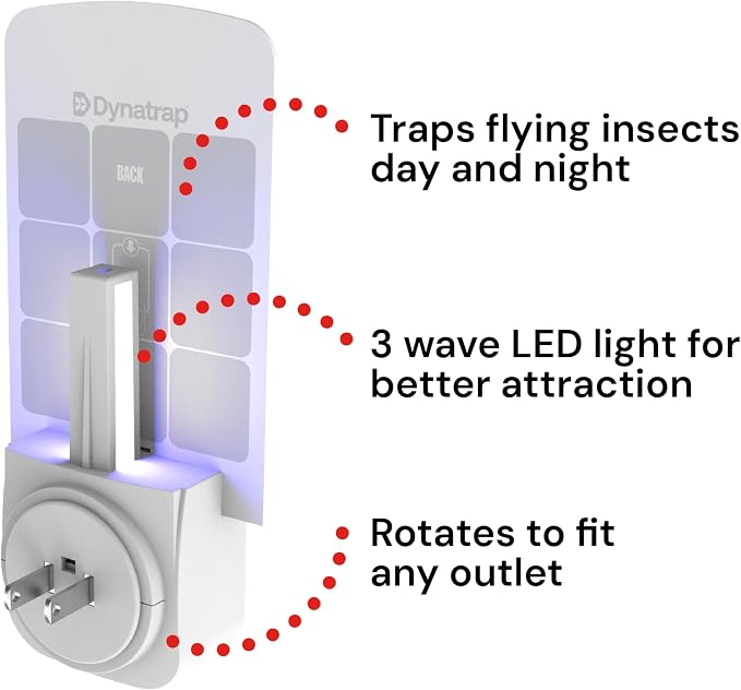 Dynatrap DT3007W Indoor Plug-in Flying Insect Trap for Flies, Fruit Flies, Moths, Gnats, and Other Flying Insects - 1 White Device + 2 Glue Cards