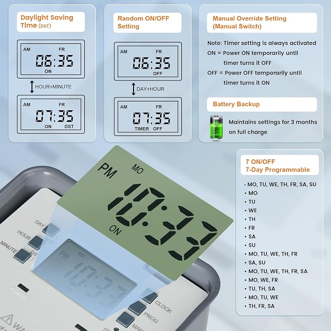 Suraielec Pool Timer, 7-Day 24-Hour Digital Pool Pump Timer, 40 AMP Heavy Duty, 120/240/277 VAC, Outdoor Metal Casing, Electric Switch Box for Swimming Pump, Hot Water Heater, Spa, Lights