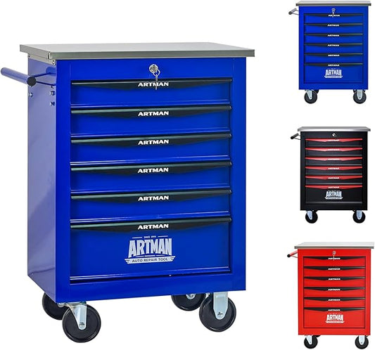 6-Drawer Rolling Tool Chest, Lockable Stainless Worktop for Garage, Blue | Heavy Duty Metal Tool Cabinet with Drawers on Wheels for Warehouse and Workshop Storage