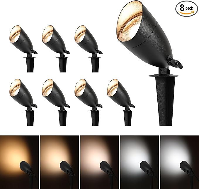 LUTEC 5CCT 12V Low Voltage Landscape Lighting Die-cast Aluminum Spot Lights with Connectors, IP65 Outdoor Landscape Spotlights, 7W 650LM for Tree Garden, 8 Pack (No Transformer Kits)