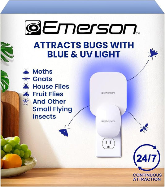 Emerson ITL7103 Plug-in Flying Bug Catcher with UV Light and LED Décor – Indoor Fly, Fruit Fly, Gnat & Moth Catcher, Silent, 24/7 Coverage, Mess-Free, use in Any Room, Includes 3 Glue Cards