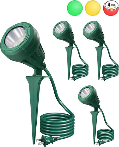 EDISHINE 120V Outdoor LED Spotlights, 5.5W Plug in Spotlight with 3 Lenses (Red Green Yellow) & 180° Rotatable Lamphead, 5000K Waterproof Landscape Lights for Flag Garden, 4 Pack