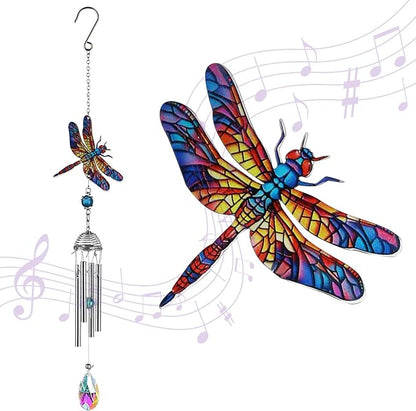 YU FENG Dragonfly Wind Chime with Crystal Suncatcher, Memorial Garden Decor | 21 Inch Colorful Metal Chime, Dragonfly Design, Lucky Remembrance Gift, Outdoor Patio Yard Hanging Ornament