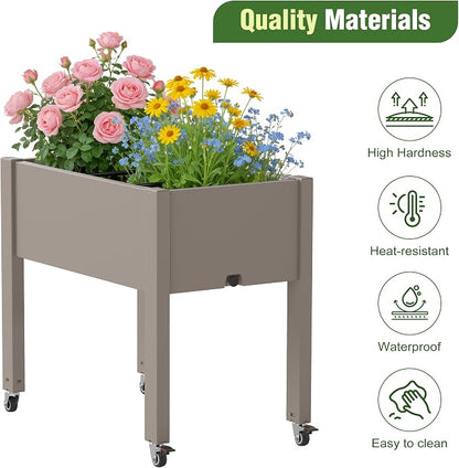 Elevated Raised Garden Bed with Wheels,Planter Box,Gray-26.3" h | Resin Planter Box with Drainage Holes, Water Monitor, Wheels for Garden Patio Backyard