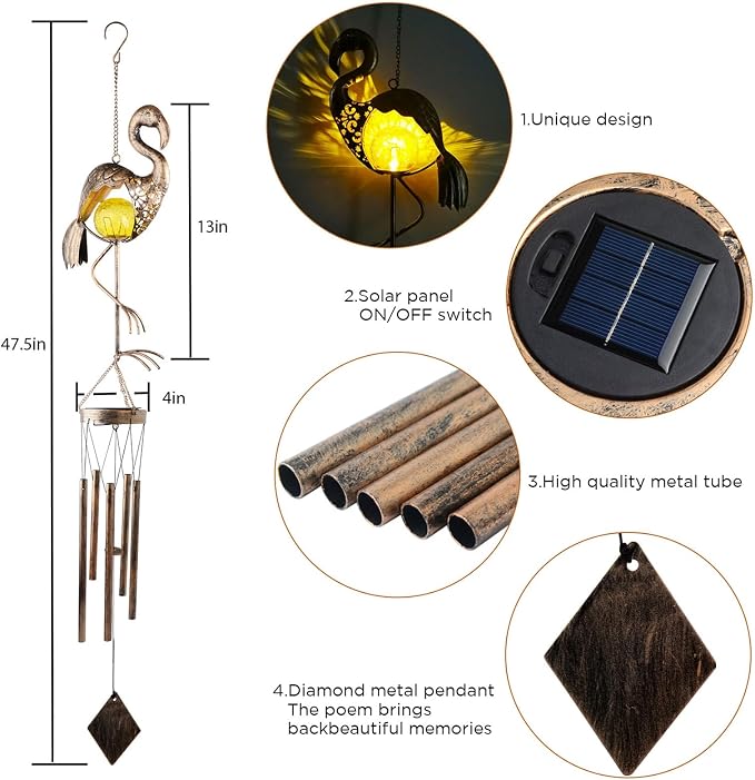 Flamingo Solar Wind Chimes for Outside Gifts for Women Mom Grandma Sister Crackle Glass Ball Flamingo Wind Chimes Solar Lights Outdoor Decor for Garden Backyard Patio Yard Porch, Birthday Gifts