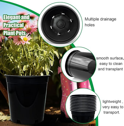 RooTrimmer 1.5 Gallon Plastic Nursery Pots, 7.5 Inch Round Plant Pots with Drainage Holes, 15 Pack Flower Pots for Outdoor Indoor Plants, Flowers, Gardening Gifts for Women, Black