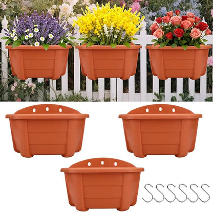 summer flower 3 Pack Hanging Planters for Railing, 9.84 Inch Plastic Window Box with Drain Hole Plug, Indoor Outdoor Flower Pots for Balcony Fence Garden Decor (Red)