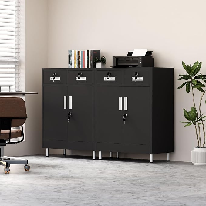JINGUR Metal Storage Cabinet with Locking Doors and 2 Drawers, Lockable Storage Cabinet with Adjustable Shelf for Home Office Garage Entryway Pantry (Black)