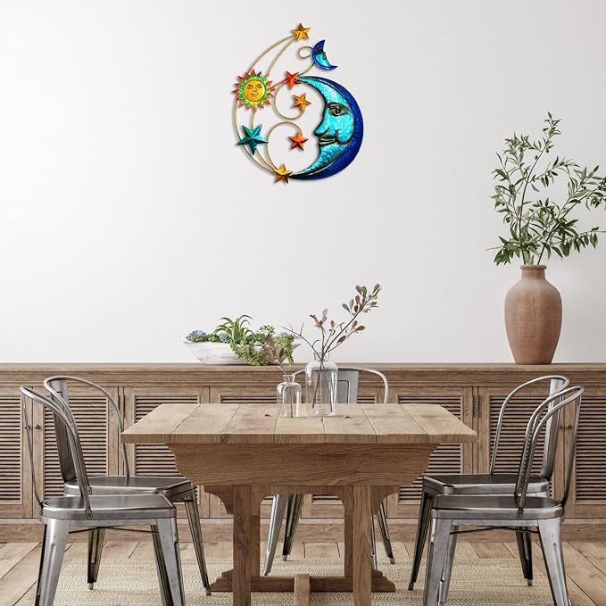 Metal Sun Outdoor Wall Art Decor, Large Size 17'' Sun Face Metal Wall Sculpture with Moon & Stars for Home Wall Decoration Living Room, Bedroom, Outside Decor for Yard, Patio, Garden Fence Deck Pool