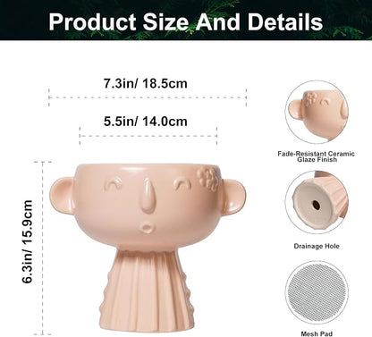 Face Flower Pots - 7 Inch Ceramic Pots for Plants Indoor Outdoor, Decorative Head Planter, Small Cute Succulent Planters with Drainage Hole, Room House Decor, Gifts for Plant Lover, Matte Pink