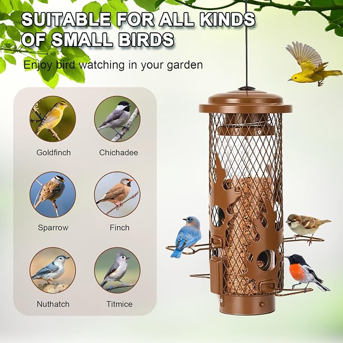 Gbekery Squirrel Proof Bird Feeders for Outdoors Hanging, Brown | Metal Wild Bird Feeders for Small Birds with Weight Activated Perches, Weatherproof and Durable, Perfect for Backyard Garden