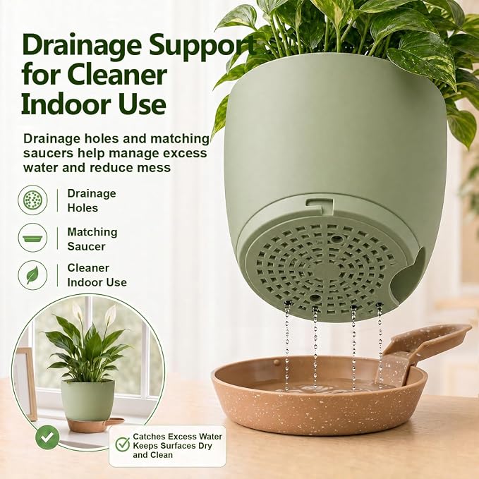Plant Pots for Indoor 9/8/7/6.5/6/5 Inch, Self Watering Planter Pots with Drainage Holes and Saucers, 6Pcs Plastic Flower Pots for Indoor & Outdoor Plants（Green）