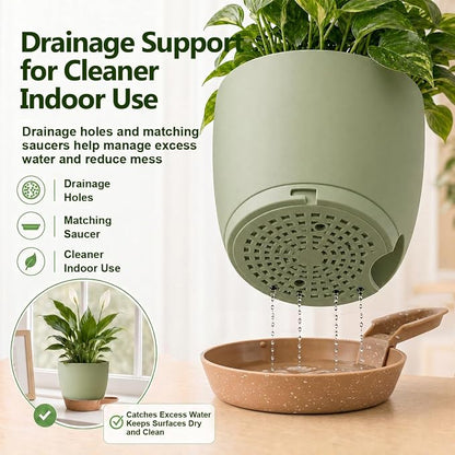 Plant Pots for Indoor 9/8/7/6.5/6/5 Inch, Self Watering Planter Pots with Drainage Holes and Saucers, 6Pcs Plastic Flower Pots for Indoor & Outdoor Plants（Green）