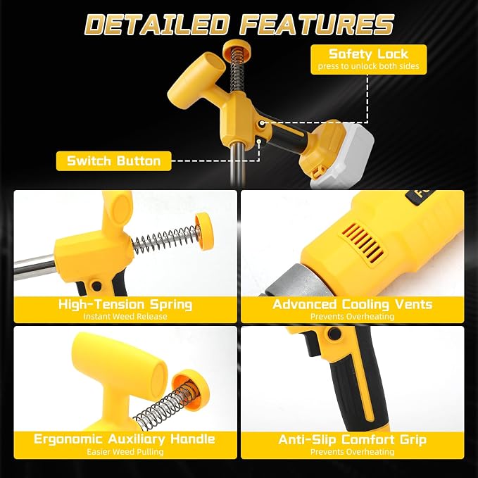 Cordless Weed Puller Tool for Dewalt 20V Battery (No Battery) | 800W, 650RPM, Weed Puller Tool, Long Handle, 3-Claw Steel Head, 36.6" Stand-Up Design, for Lawn and Garden