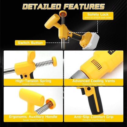 Cordless Weed Puller Tool for Dewalt 20V Battery (No Battery) | 800W, 650RPM, Weed Puller Tool, Long Handle, 3-Claw Steel Head, 36.6" Stand-Up Design, for Lawn and Garden